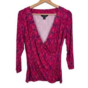 Lauren Ralph Lauren Womens Large Wrap Surplice 3/4 Sleeve Fuchsia Ikat Print Top